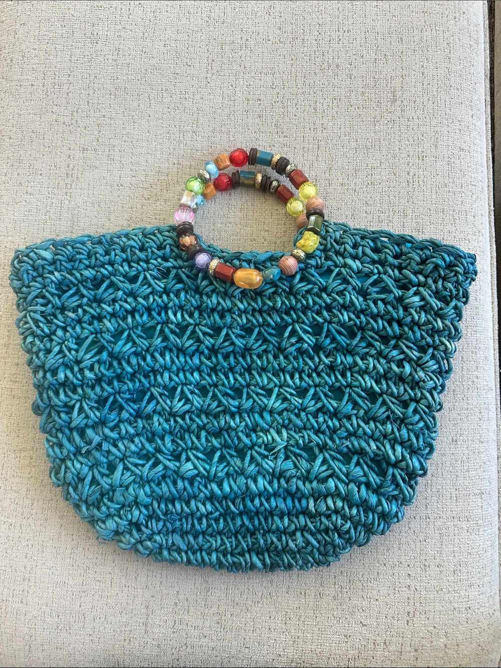 Free People Turquoise Boho Woven Raffia Handbag w/Multicolor Beaded Ring Handles